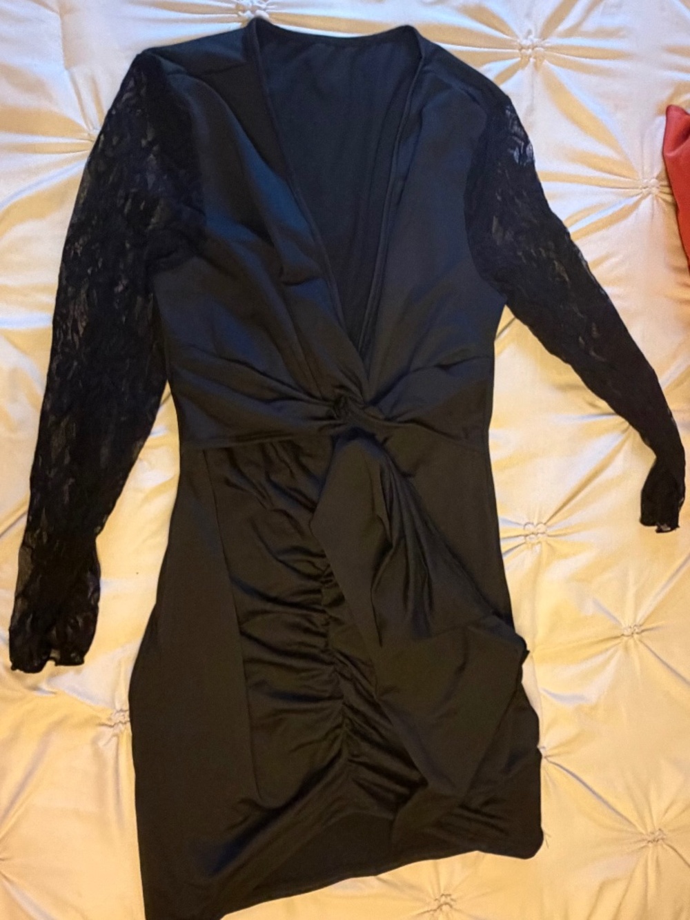 Black Lace Sleeve Ruched Twist Front Dress